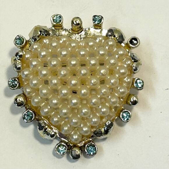 Vintage Faux Pearl Blue Rhinestone Heart Brooch Earring Set - Picture 3 of 6